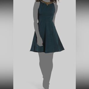 Ieena For Mac Duggal Emerald Mini Dress with Gold Accents